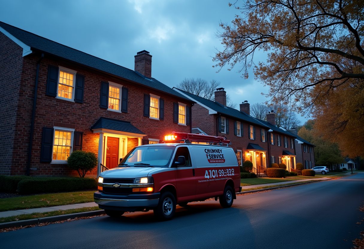 Chimney service van outside brick townhouses at dusk — Kensington